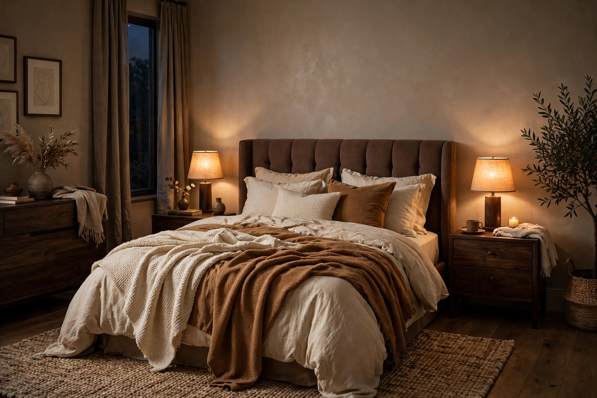 Intimate cocooning bedroom with warm taupe painted walls, chocolate brown upholstered headboard and caramel and cream layered bedding