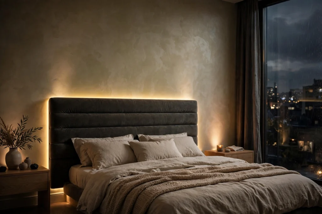 Warm LED strip glowing behind a bedroom headboard as accent lighting
