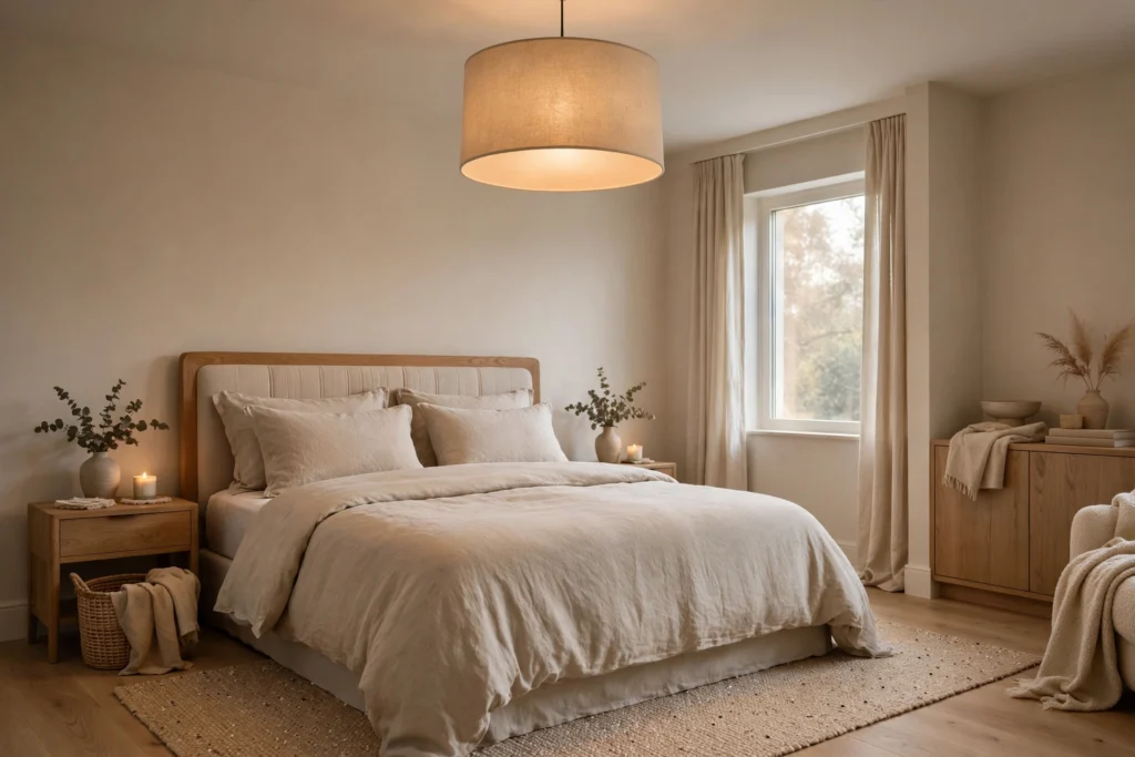 Fabric drum ceiling pendant giving warm ambient light in a bedroom