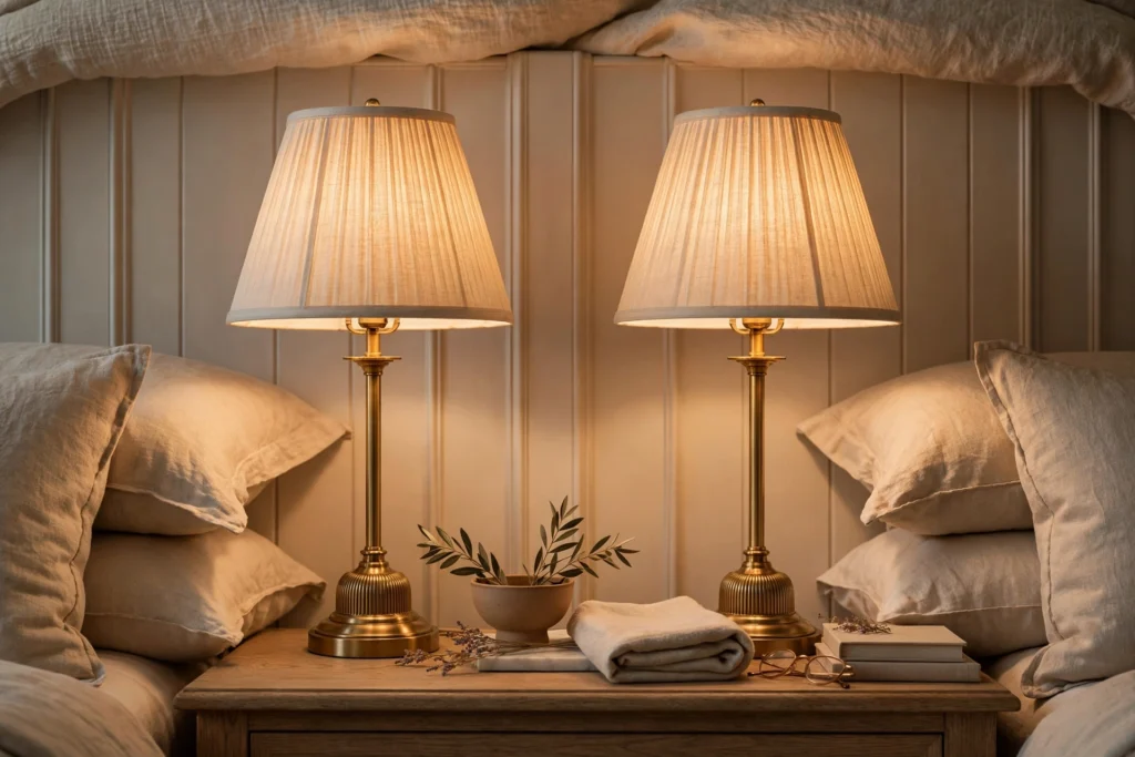 Pair of matching bedside lamps placed at pillow height beside a panelled headboard