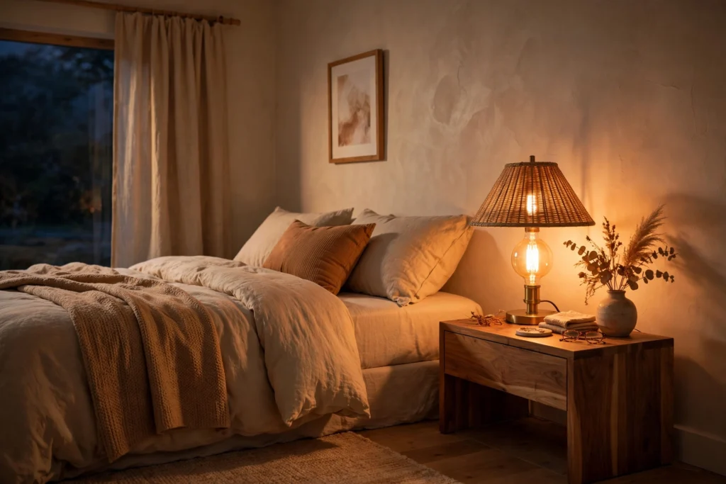 Warm 2700K bedside lamp casting a cozy golden glow in a bedroom