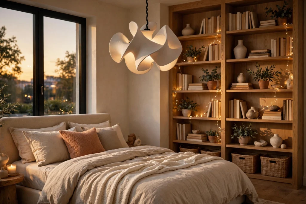 Sculptural pendant and fairy lights as decorative bedroom lighting