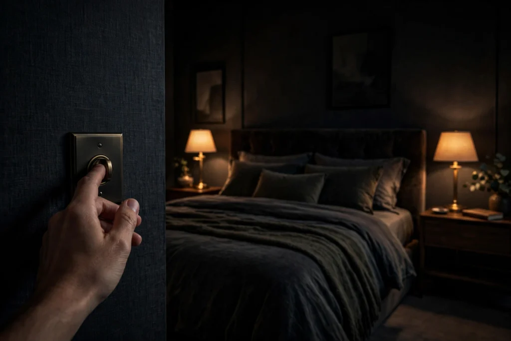 Hand turning a dimmer switch with a warmly lit bedroom behind