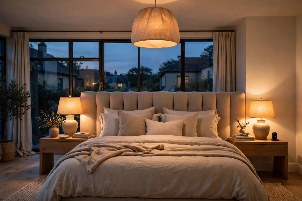 Bedroom with layered warm lighting: glowing bedside lamps, ceiling pendant and soft evening glow