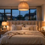 Bedroom with layered warm lighting: glowing bedside lamps, ceiling pendant and soft evening glow