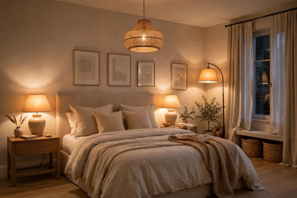 Well-balanced bedroom with multiple warm light sources and no harsh overhead glare