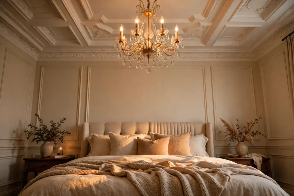 Elegant chandelier glowing softly over a styled bedroom