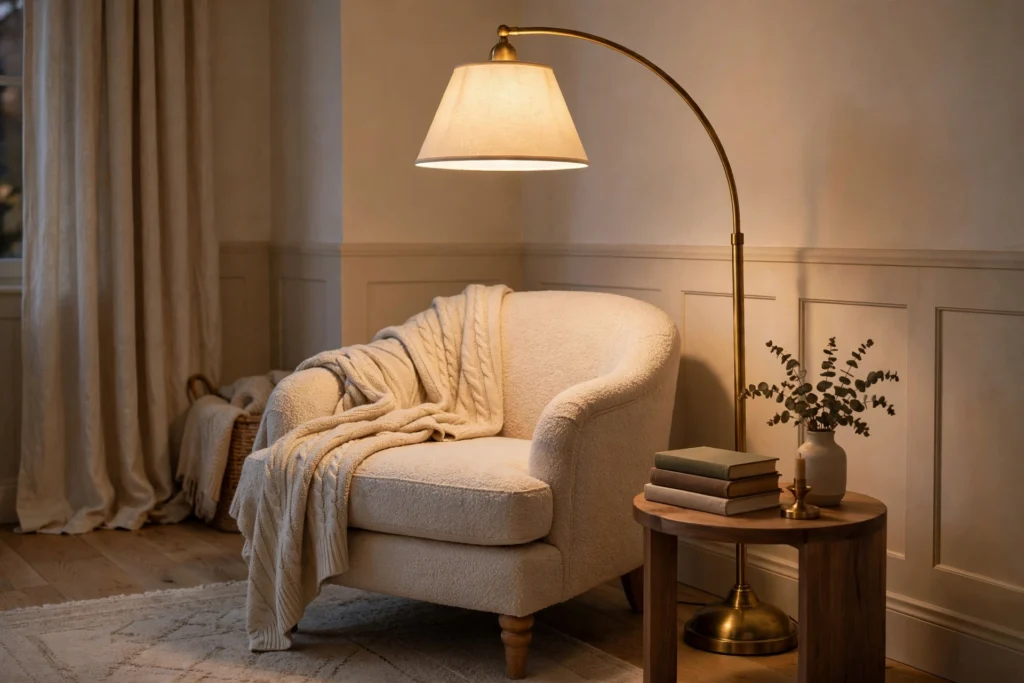 Cozy bedroom reading corner with an armchair and warm arc floor lamp