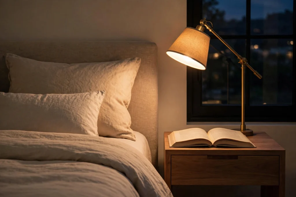 Warm bedside table lamp casting reading light over a bed at night