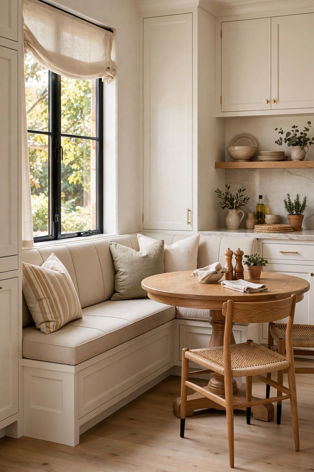 Classic L-shaped built-in banquette breakfast nook with round pedestal table and wipeable cushions