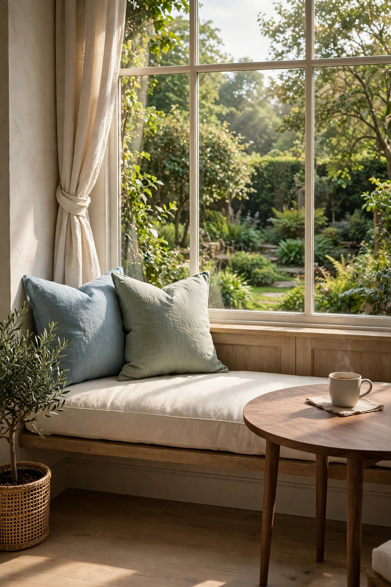 Breakfast nook window seat with thick cushion and linen pillows overlooking a garden