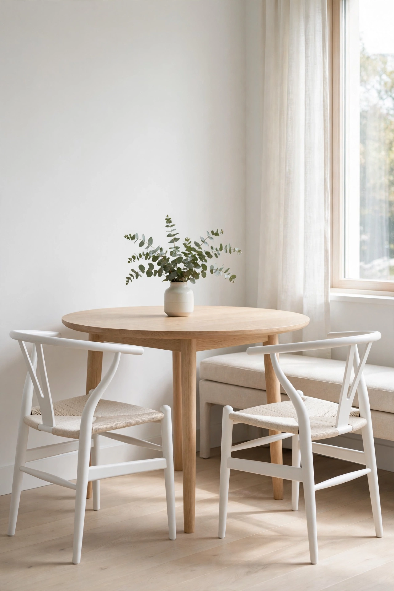 Minimalist Scandinavian breakfast nook with pale wood table, white walls and simple chairs