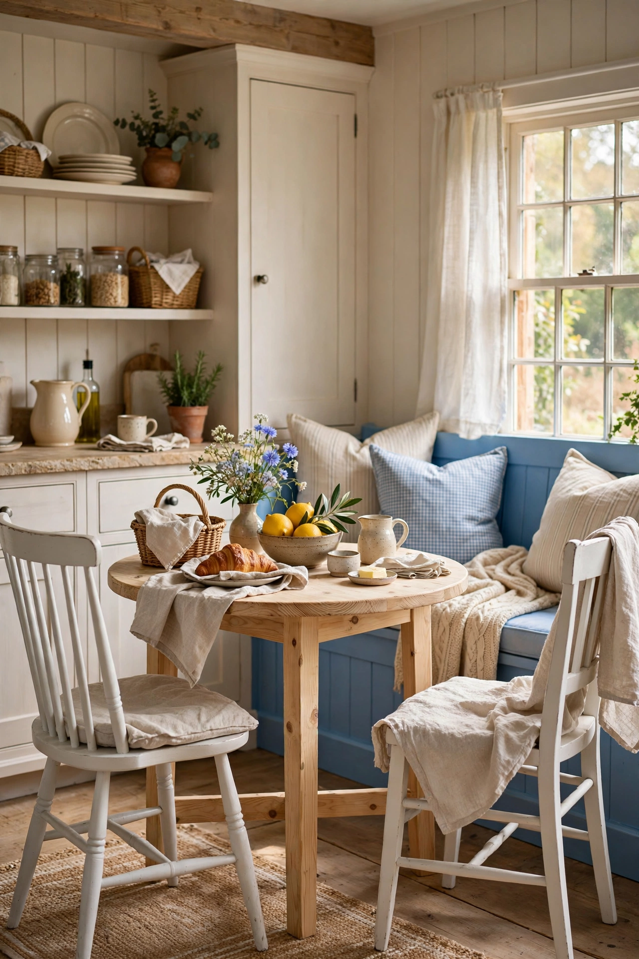 Vintage cottage breakfast nook with mismatched painted chairs and blue bench