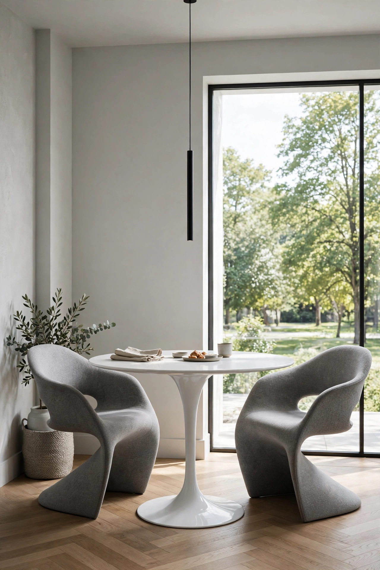 Sleek white tulip table breakfast nook with sculptural chairs and slim pendant light