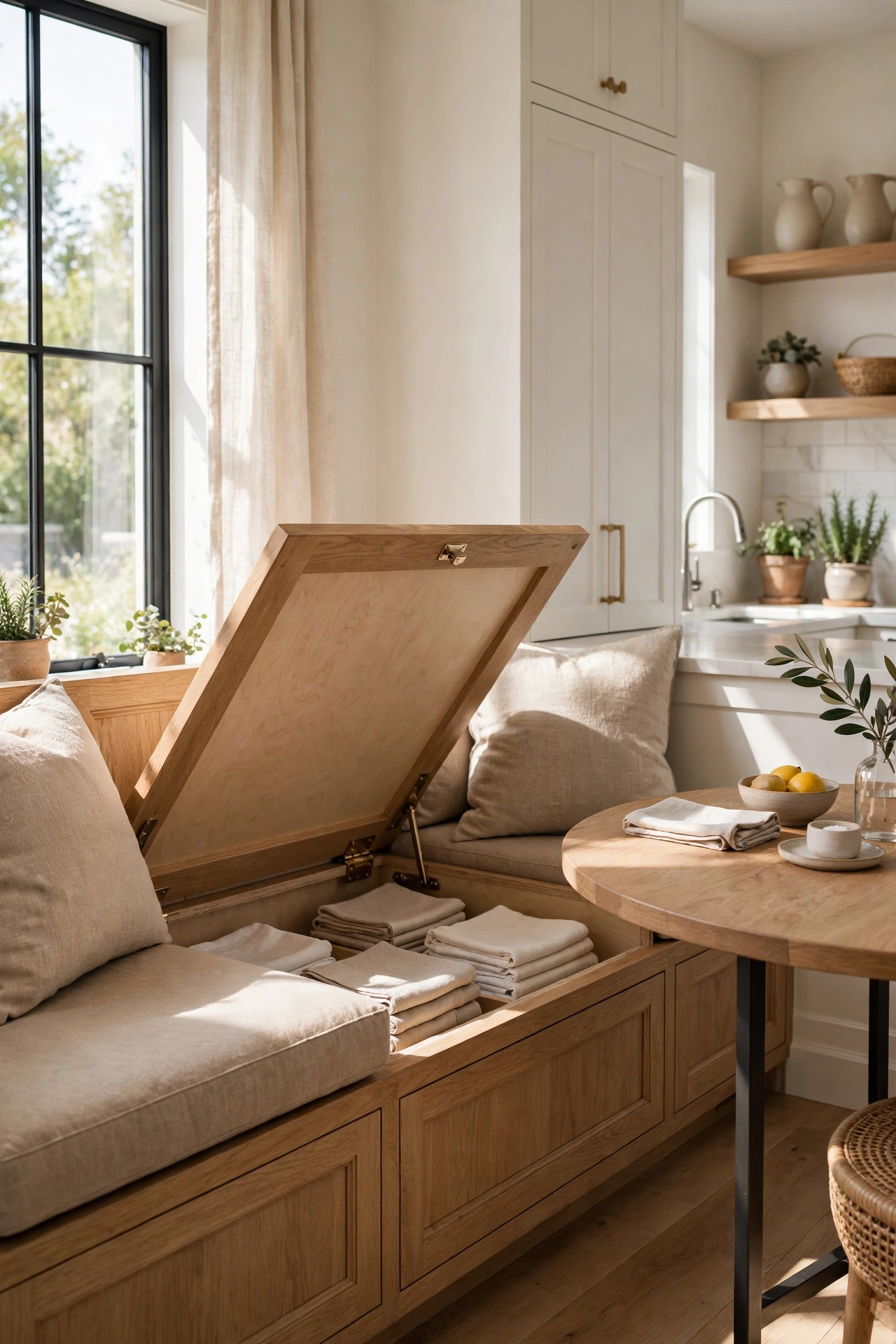 Breakfast nook banquette with hinged seats revealing hidden storage compartments