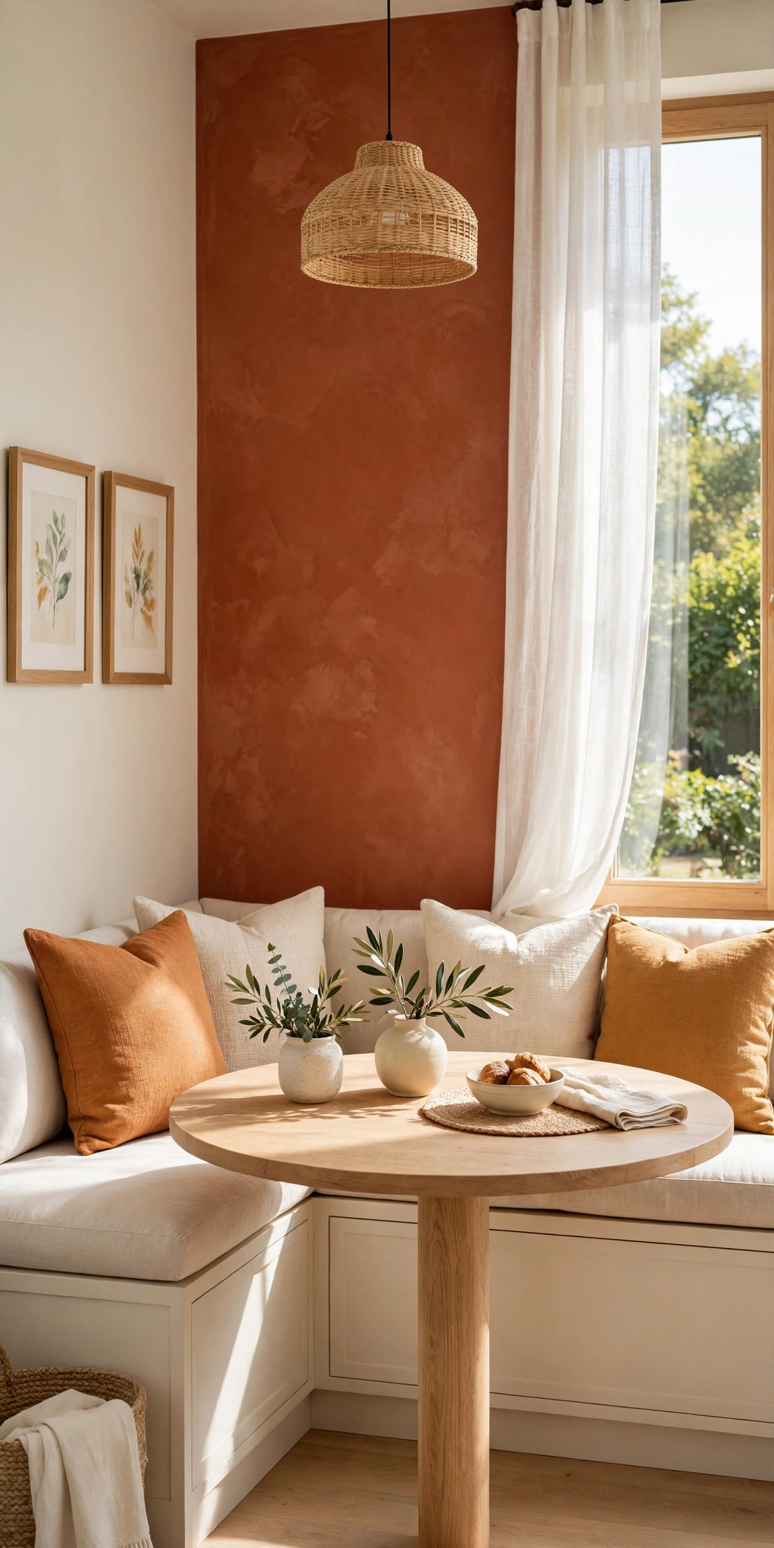 Breakfast nook with bold terracotta accent wall behind a banquette