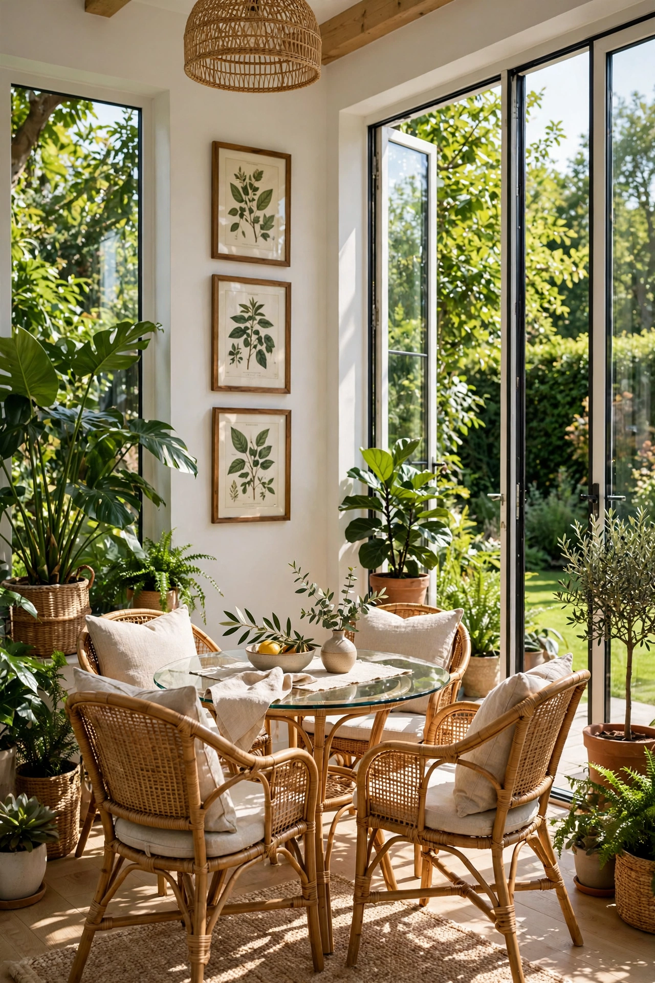 Sunroom-style breakfast nook with rattan seating, plants and glass doors to the garden