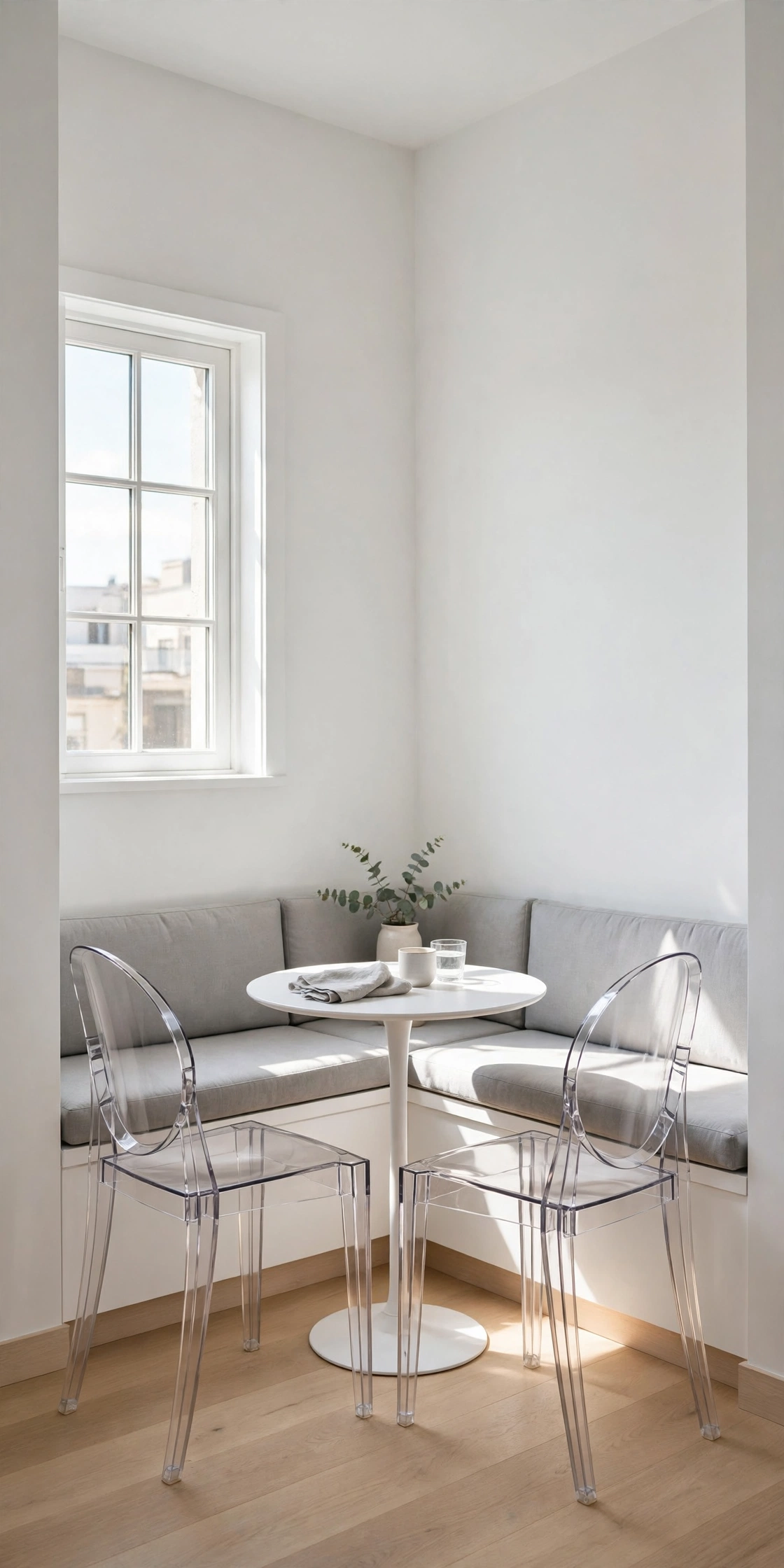 Tiny apartment corner breakfast nook with compact banquette and small round table