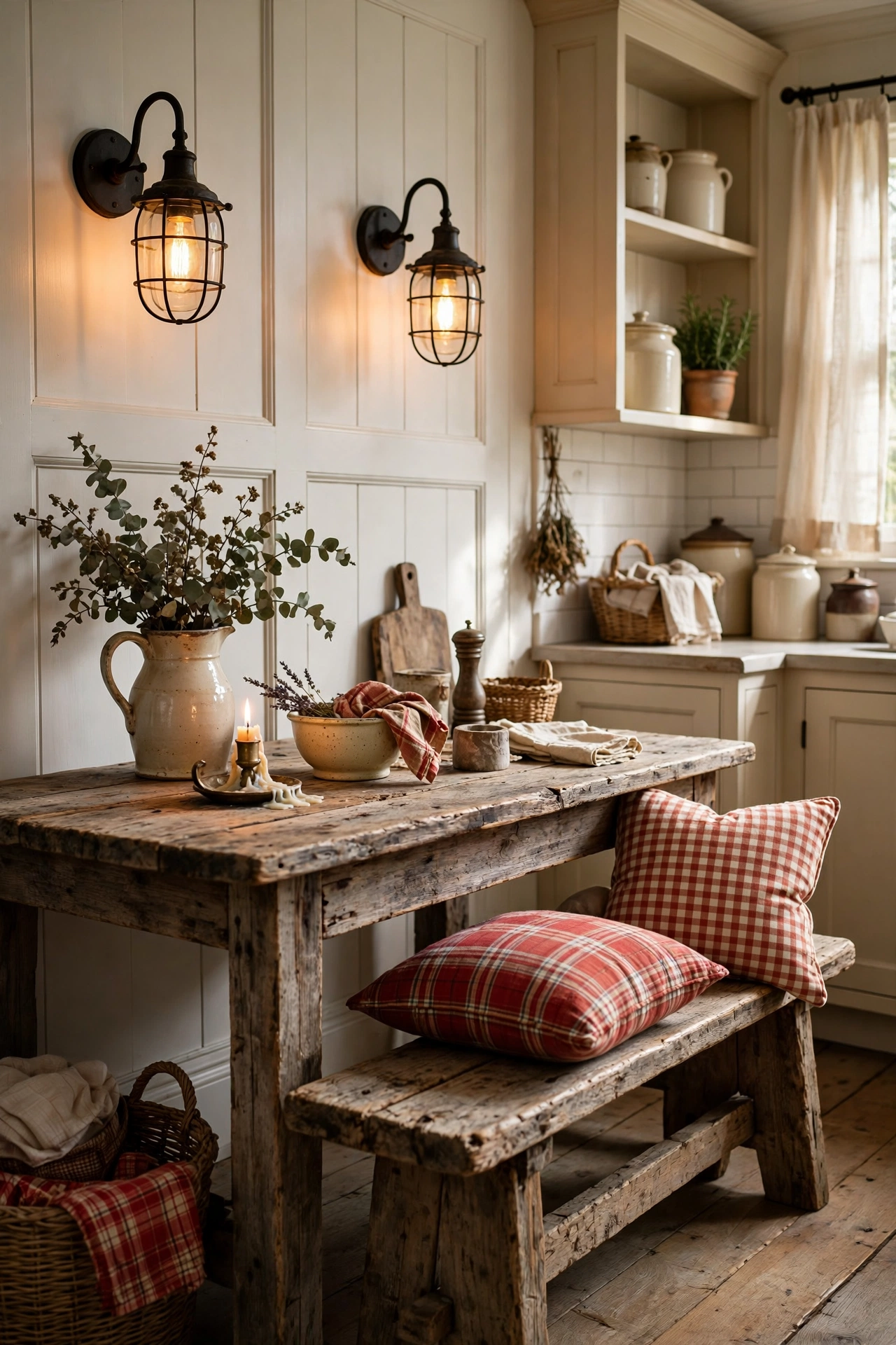 Rustic farmhouse breakfast nook with reclaimed wood table, bench and plaid cushions