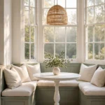Bright breakfast nook with L-shaped sage green banquette, round white table and woven pendant light by a bay window