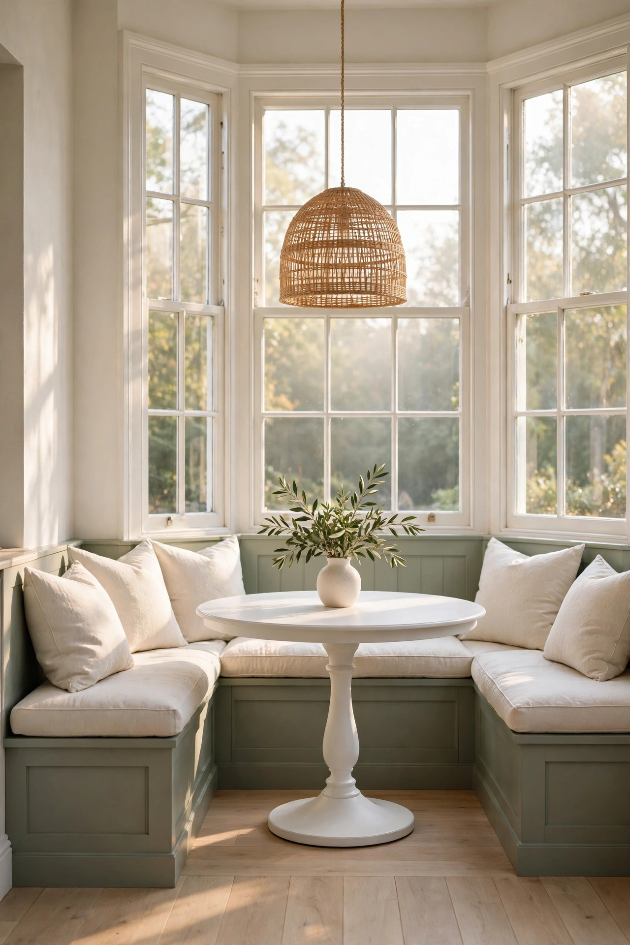 Bright breakfast nook with L-shaped sage green banquette, round white table and woven pendant light by a bay window