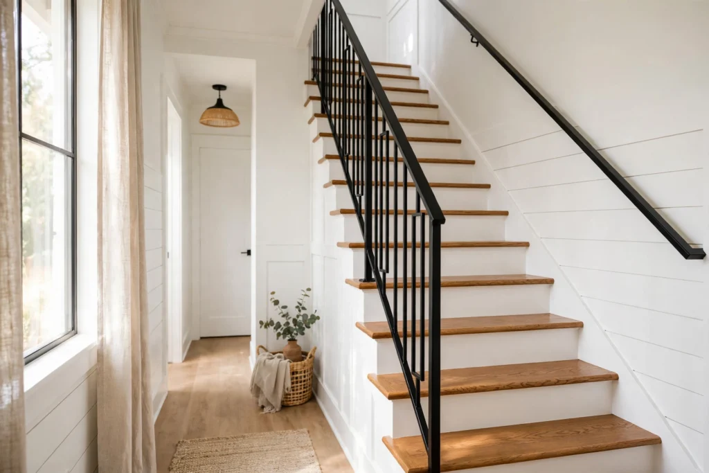Bright hallway staircase after a budget makeover with white risers, oak treads and a black handrail
