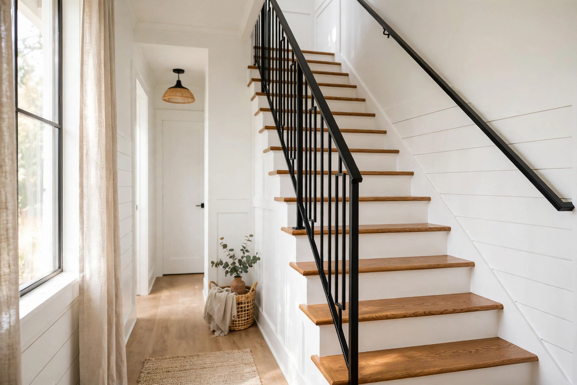 Bright hallway staircase after a budget makeover with white risers, oak treads and a black handrail