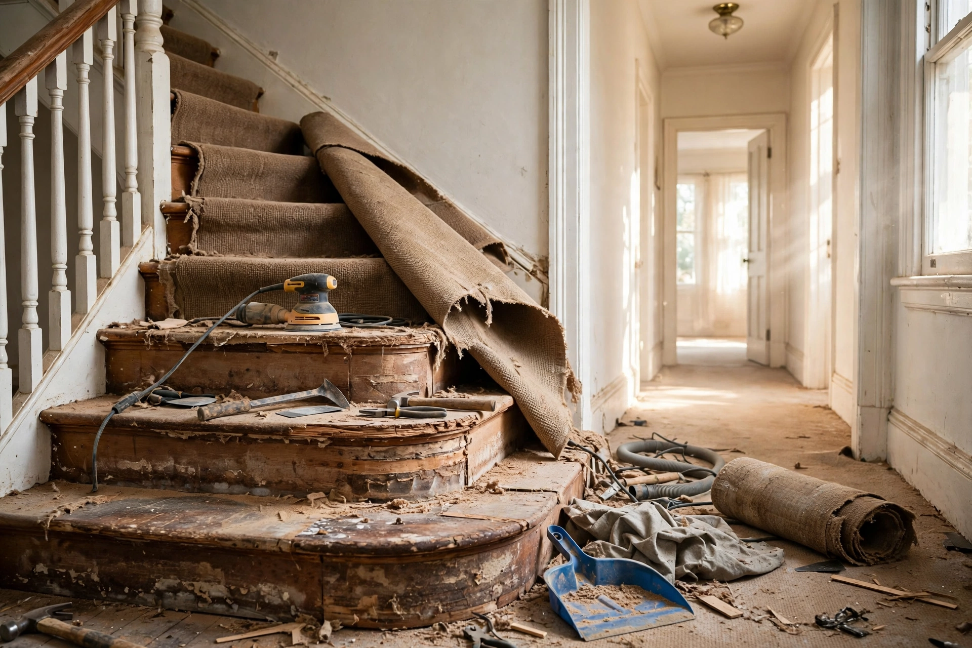 Old carpet being removed from wooden staircase treads during a budget renovation