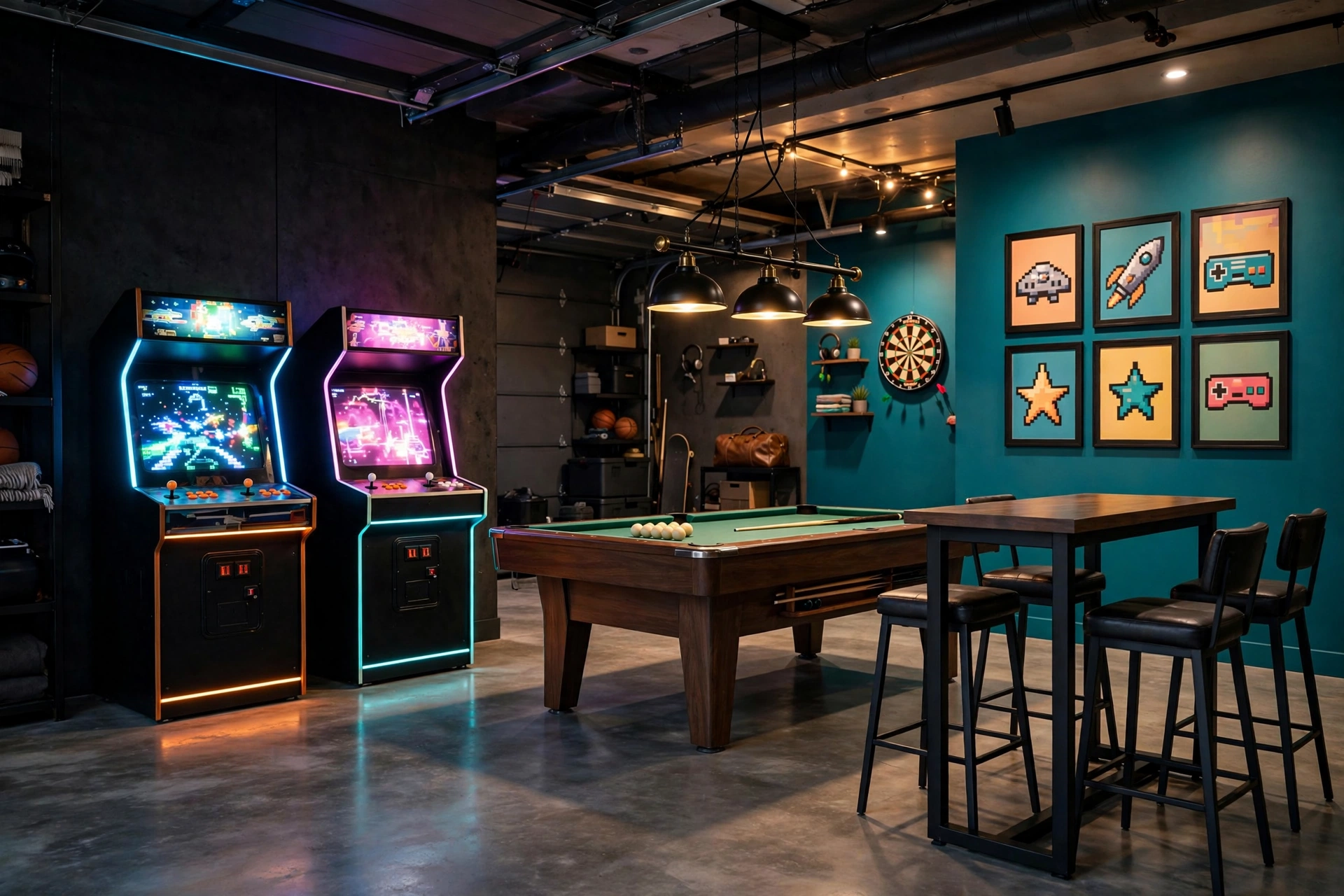 Garage arcade game room with pool table and retro cabinets