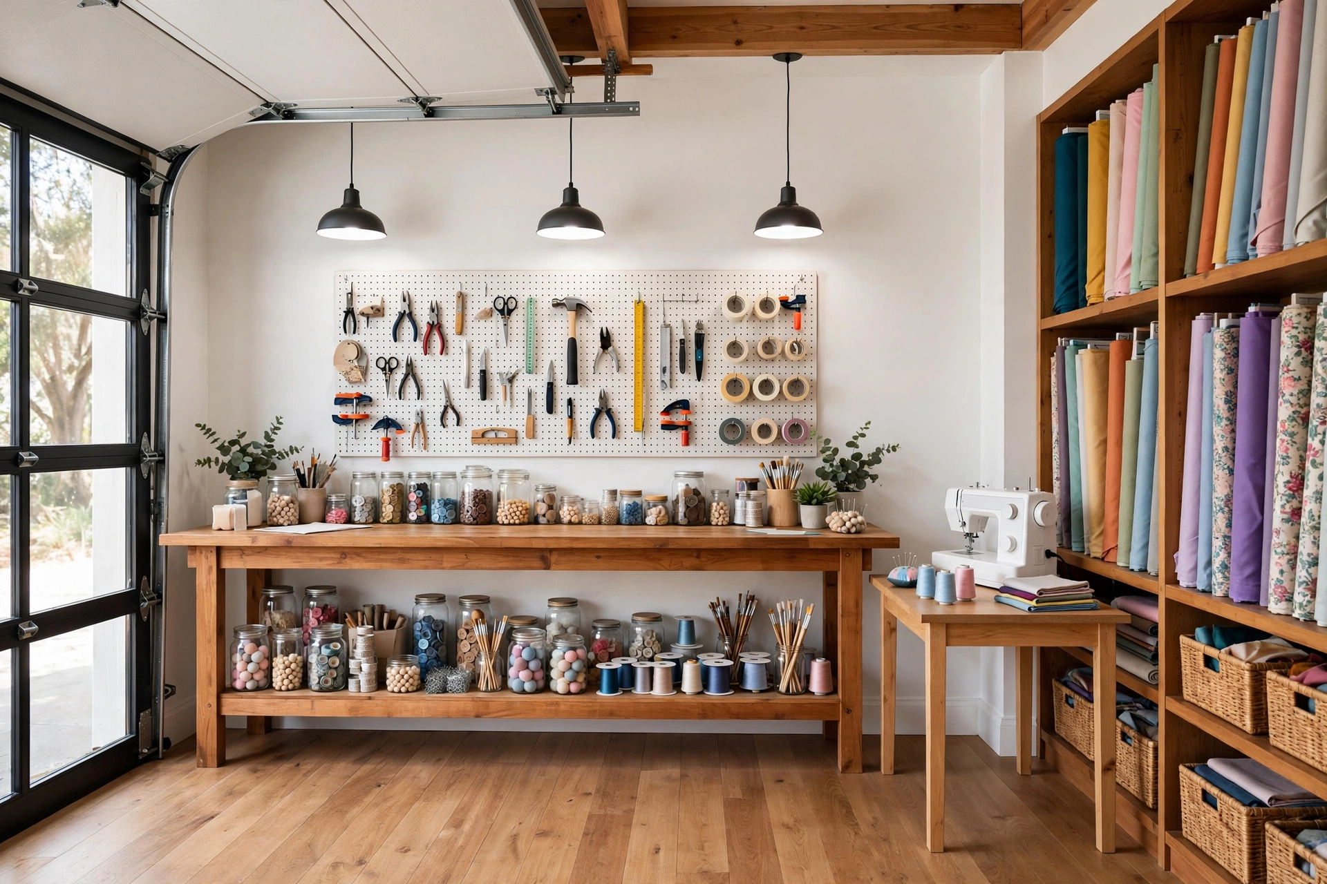Garage craft studio with long workbench and pegboard storage