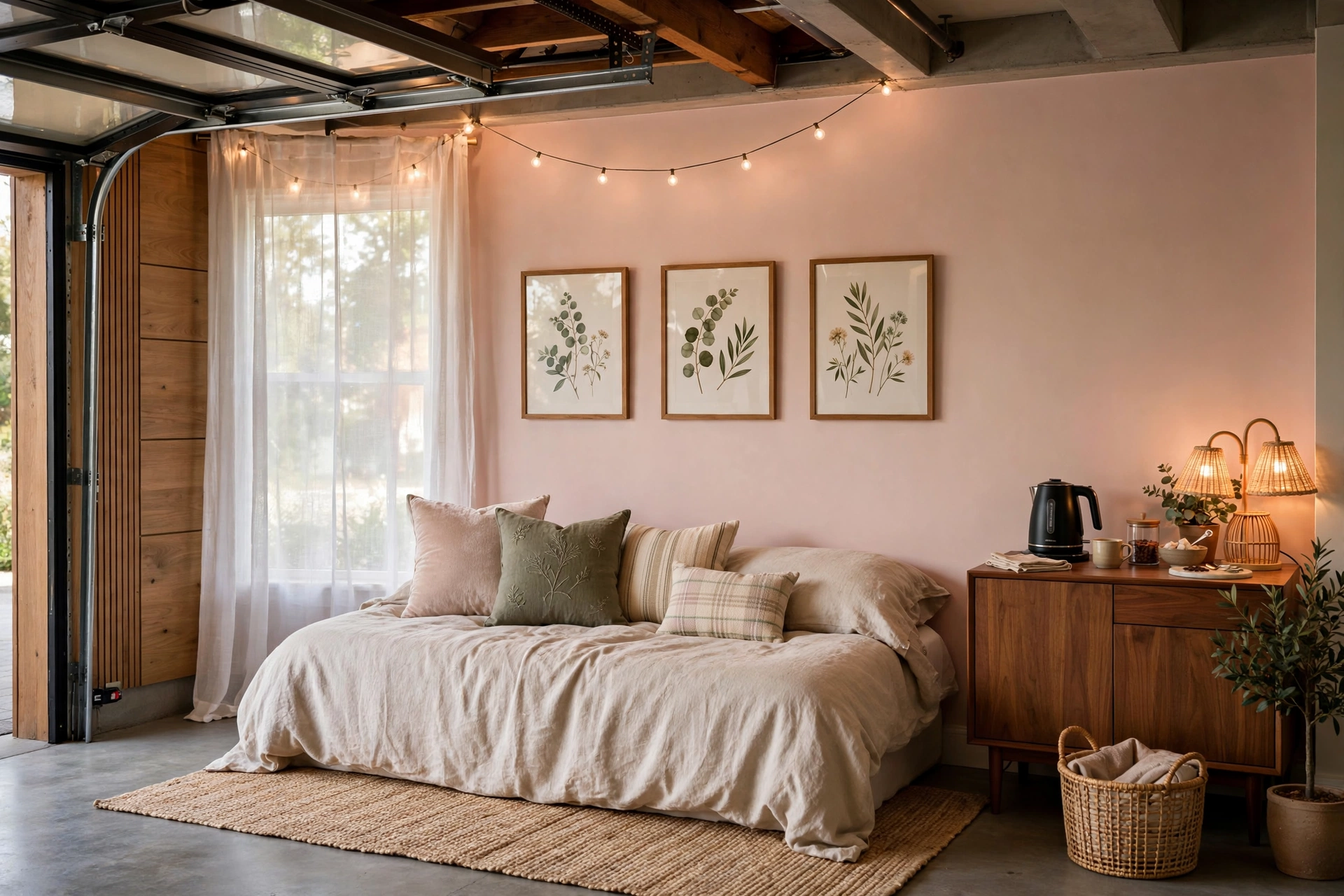 Garage guest lounge with daybed, curtains and warm lighting
