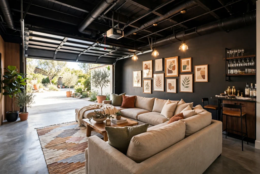 Converted garage lounge with sectional sofa, pendant lights and bar corner