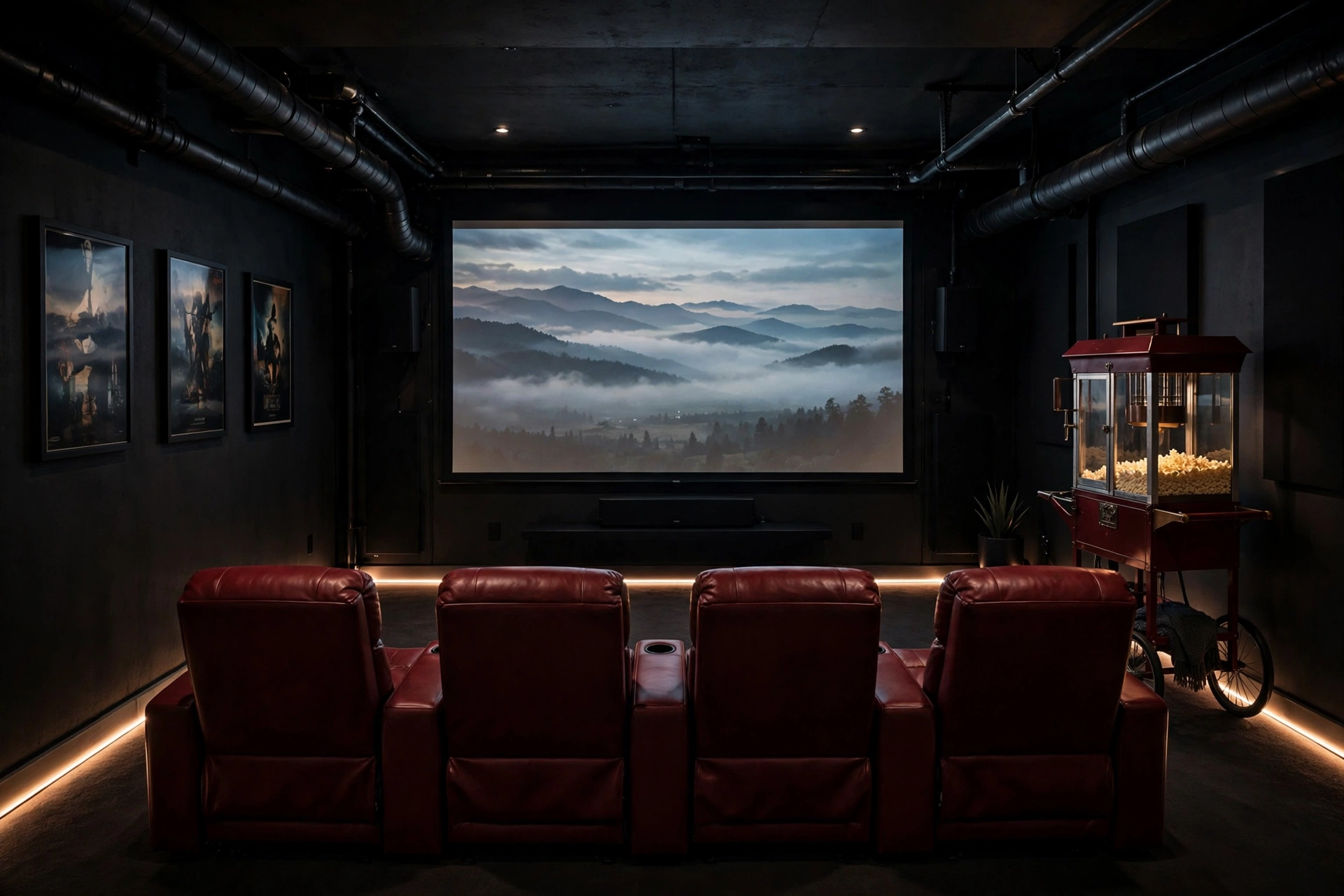 Garage home cinema with projector screen and red recliner chairs