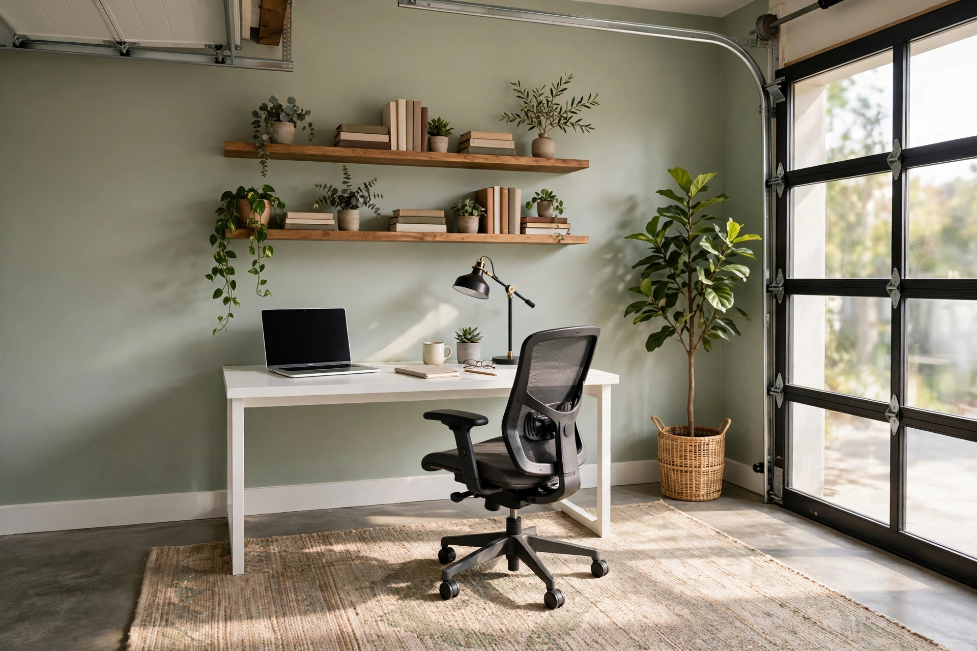 Bright garage home office with white desk and floating shelves