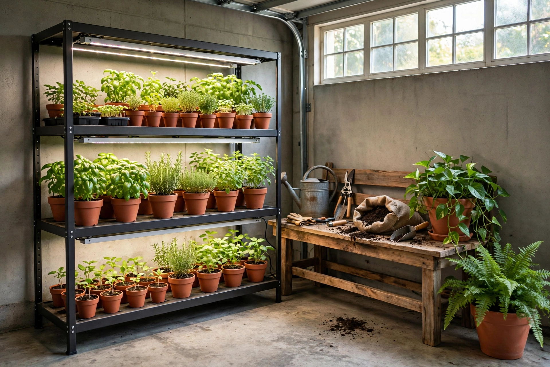 Garage indoor garden with tiered shelves, grow lights and herbs
