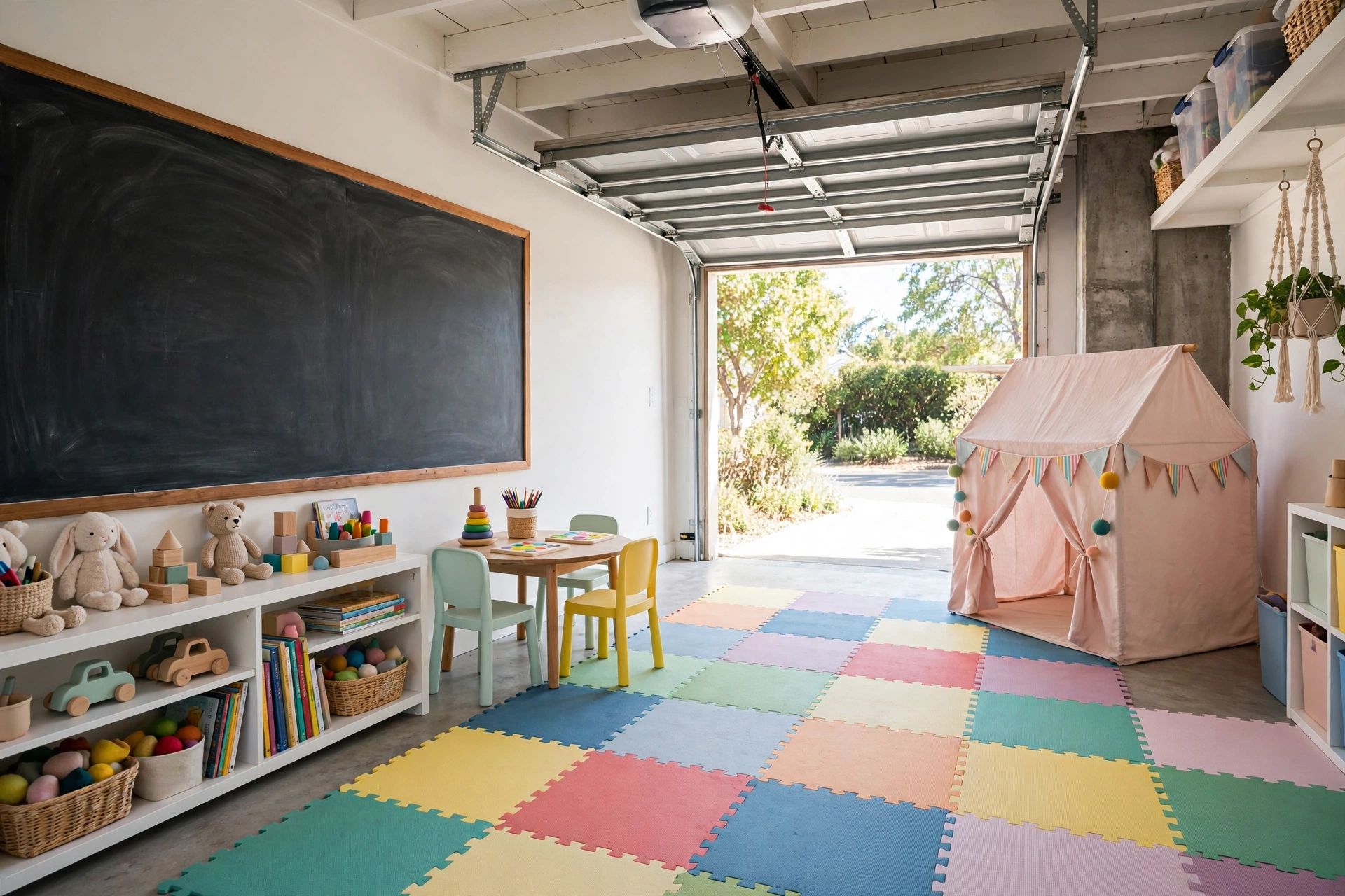 Colourful garage playroom with foam mats and toy shelves