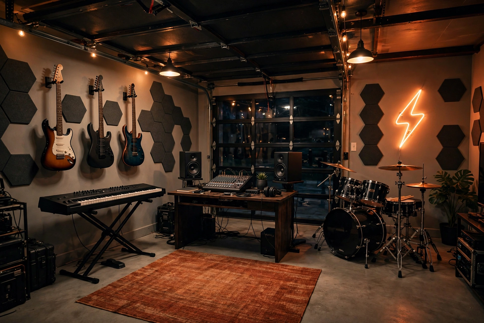 Garage music studio with guitars, keyboard and acoustic panels
