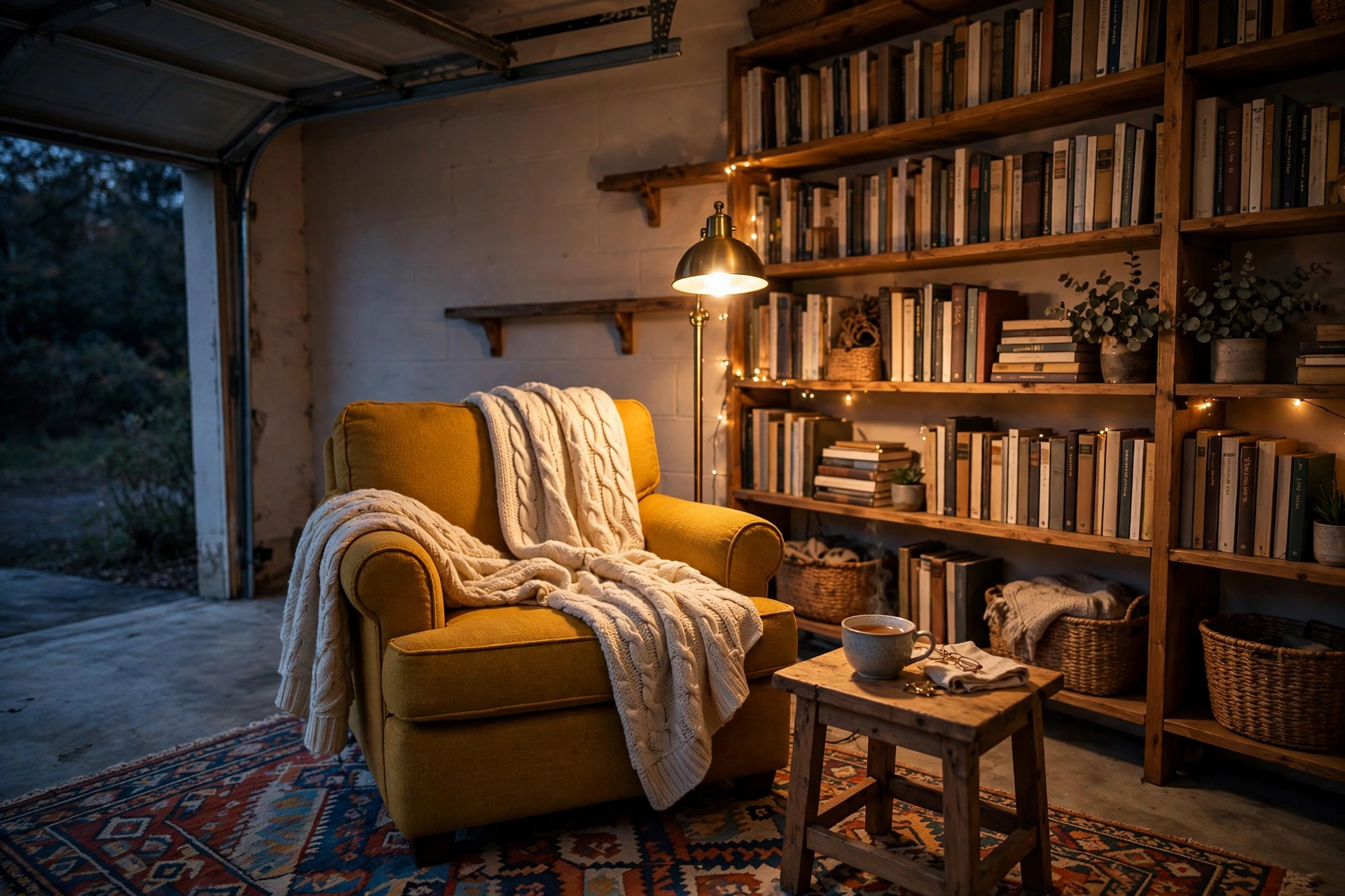 Cosy garage reading nook with armchair, lamp and bookshelf