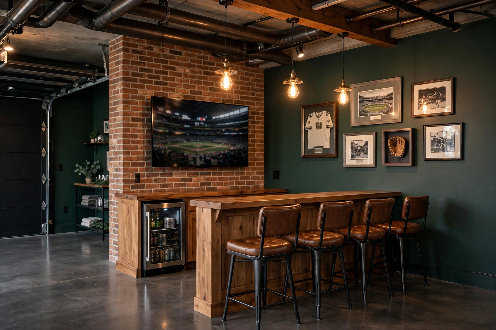 Garage sports bar with wooden counter, stools and wall-mounted TV