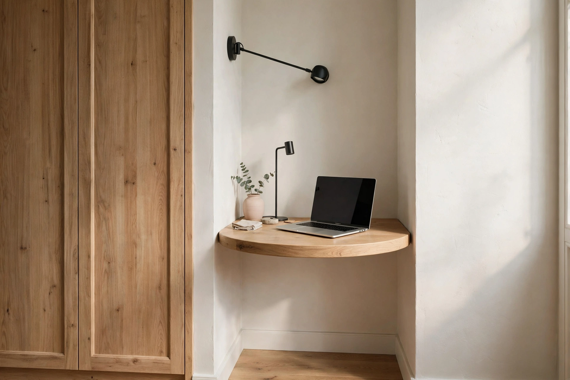 Tiny triangular corner desk with rounded edges tucked into a narrow nook