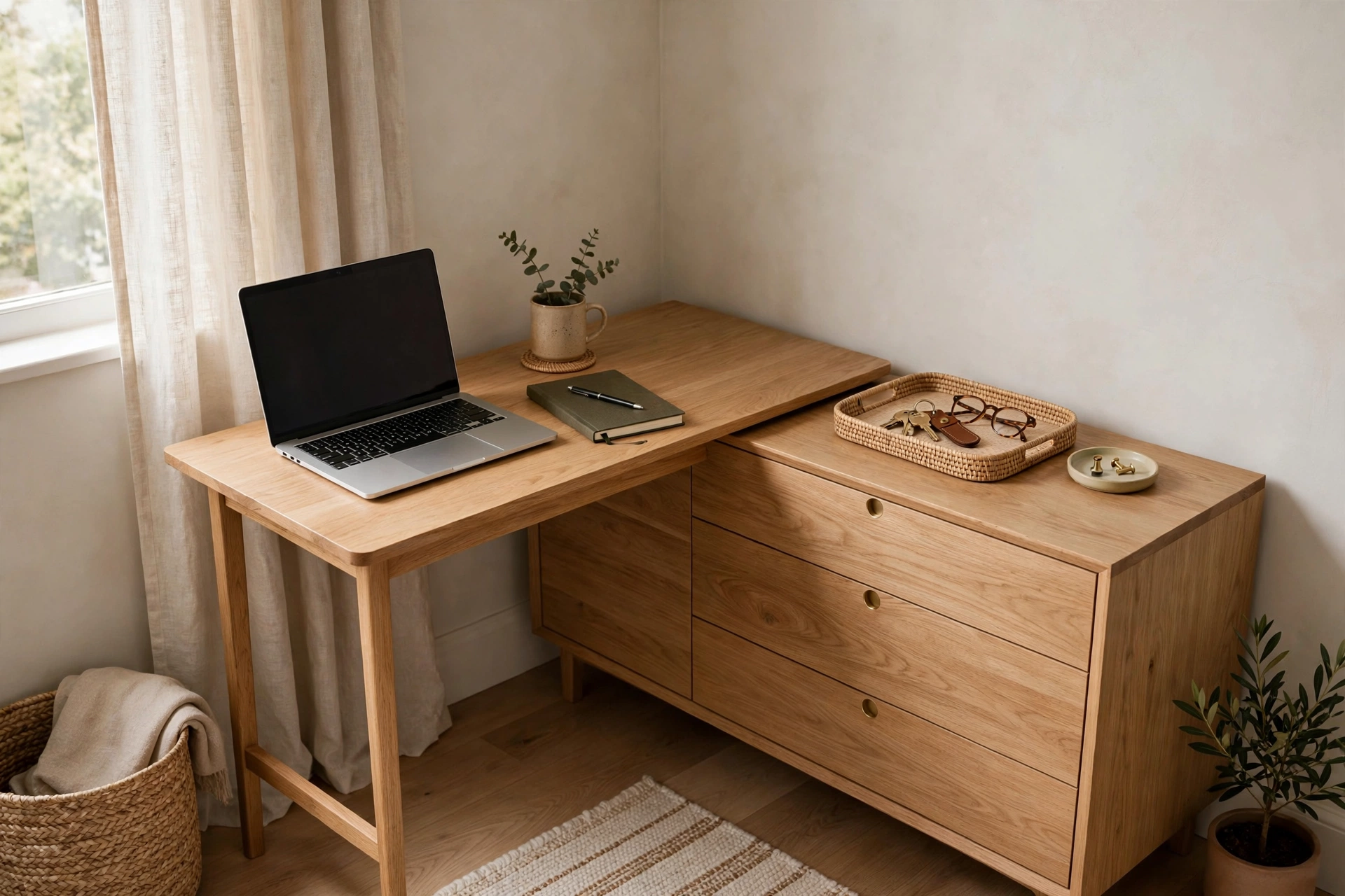 Slim desk pushed against a low dresser in a bedroom corner, laptop and key tray on top