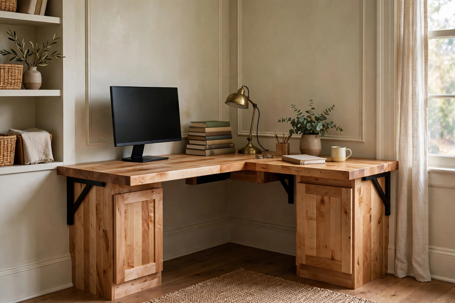 Custom DIY built-in corner desk in solid butcher-block wood fitted wall to wall