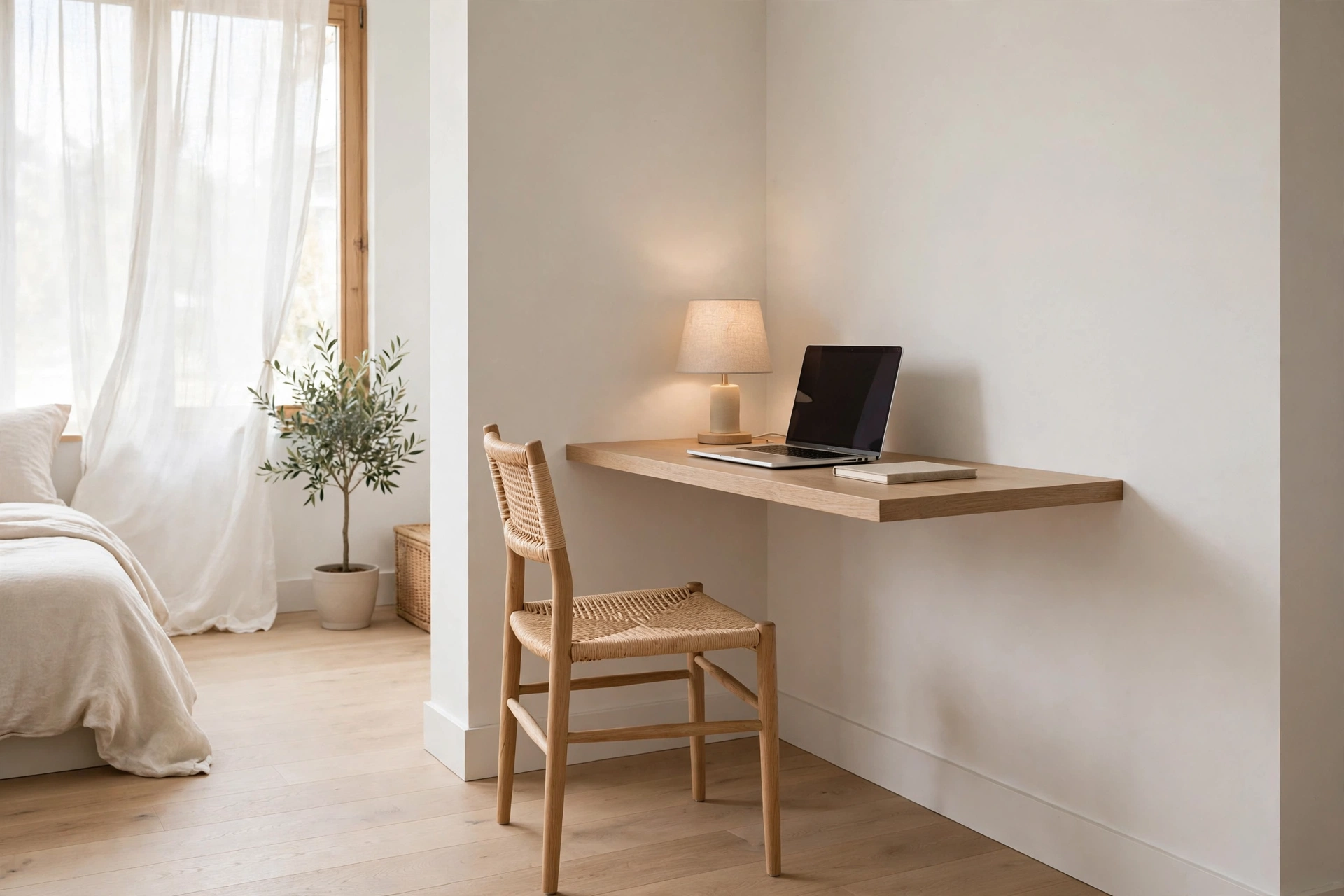 Minimalist wall-mounted floating desk in a small bedroom corner with laptop and lamp