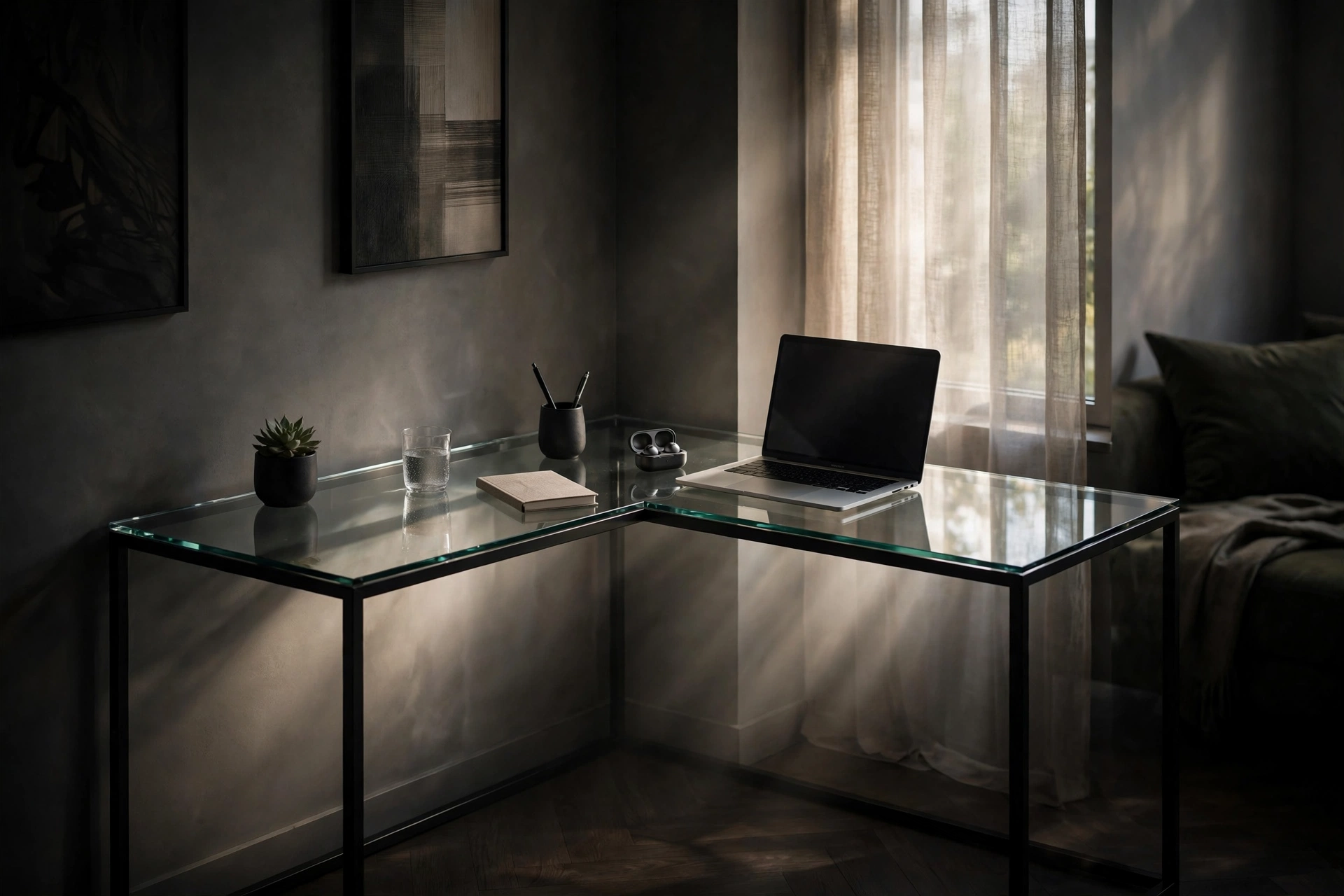 Glass-top corner desk with slim black metal frame, laptop and minimal accessories