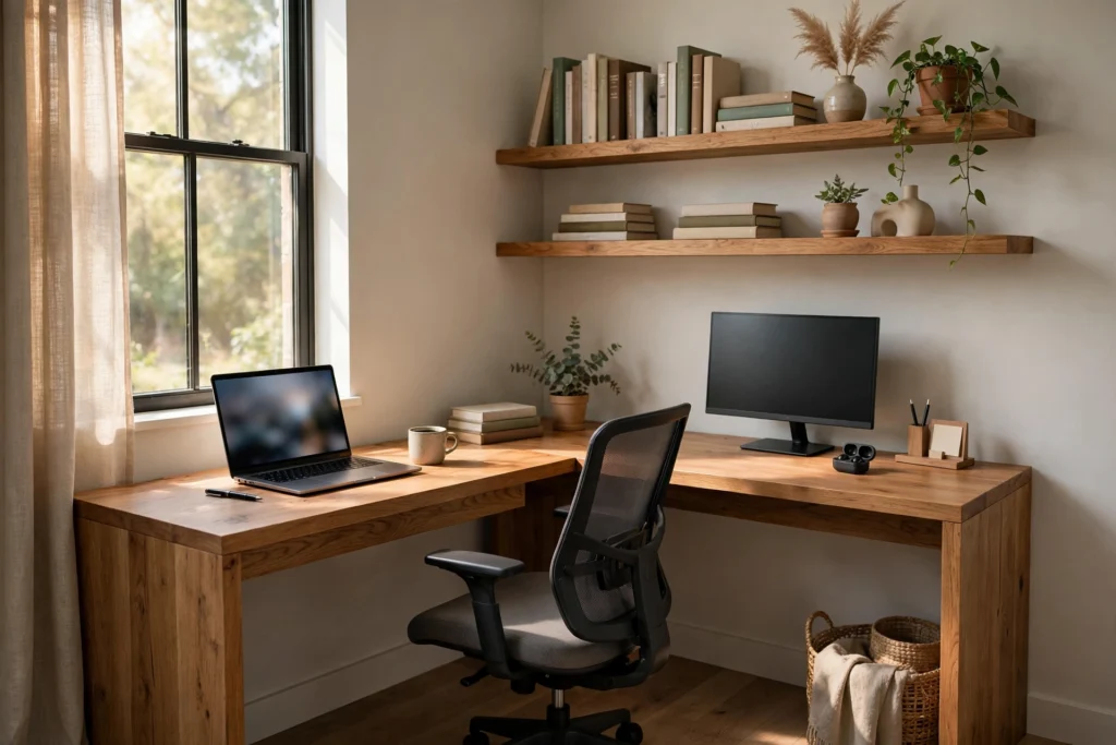 Wooden L-shaped corner desk with laptop and monitor beside a bright window, floating shelves above