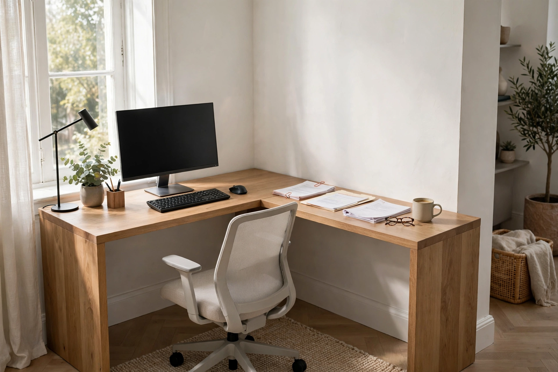 L-shaped workstation desk in a corner with monitor on one arm and paperwork on the other