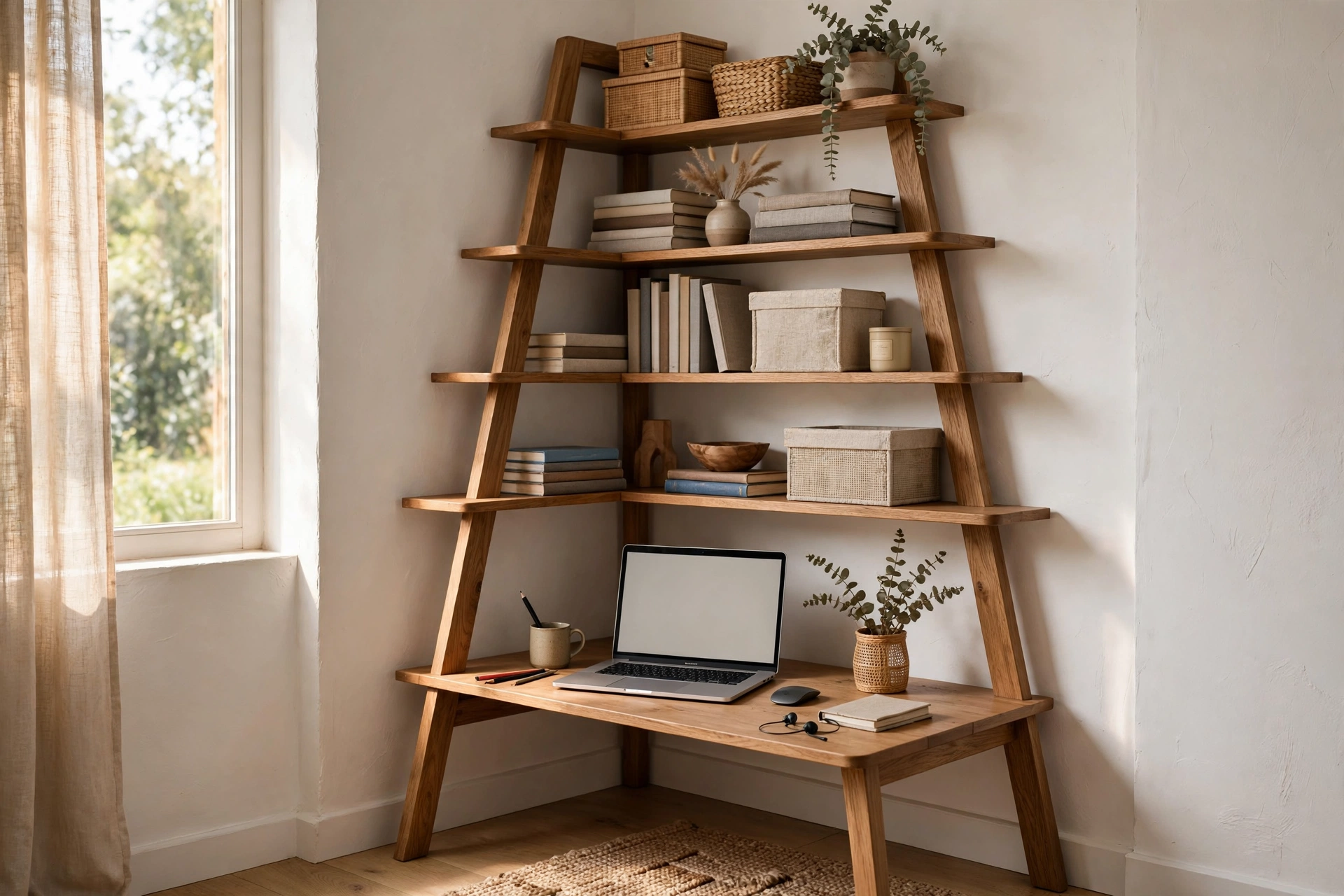 Ladder-style corner desk with graduated open shelves above a compact wooden desktop