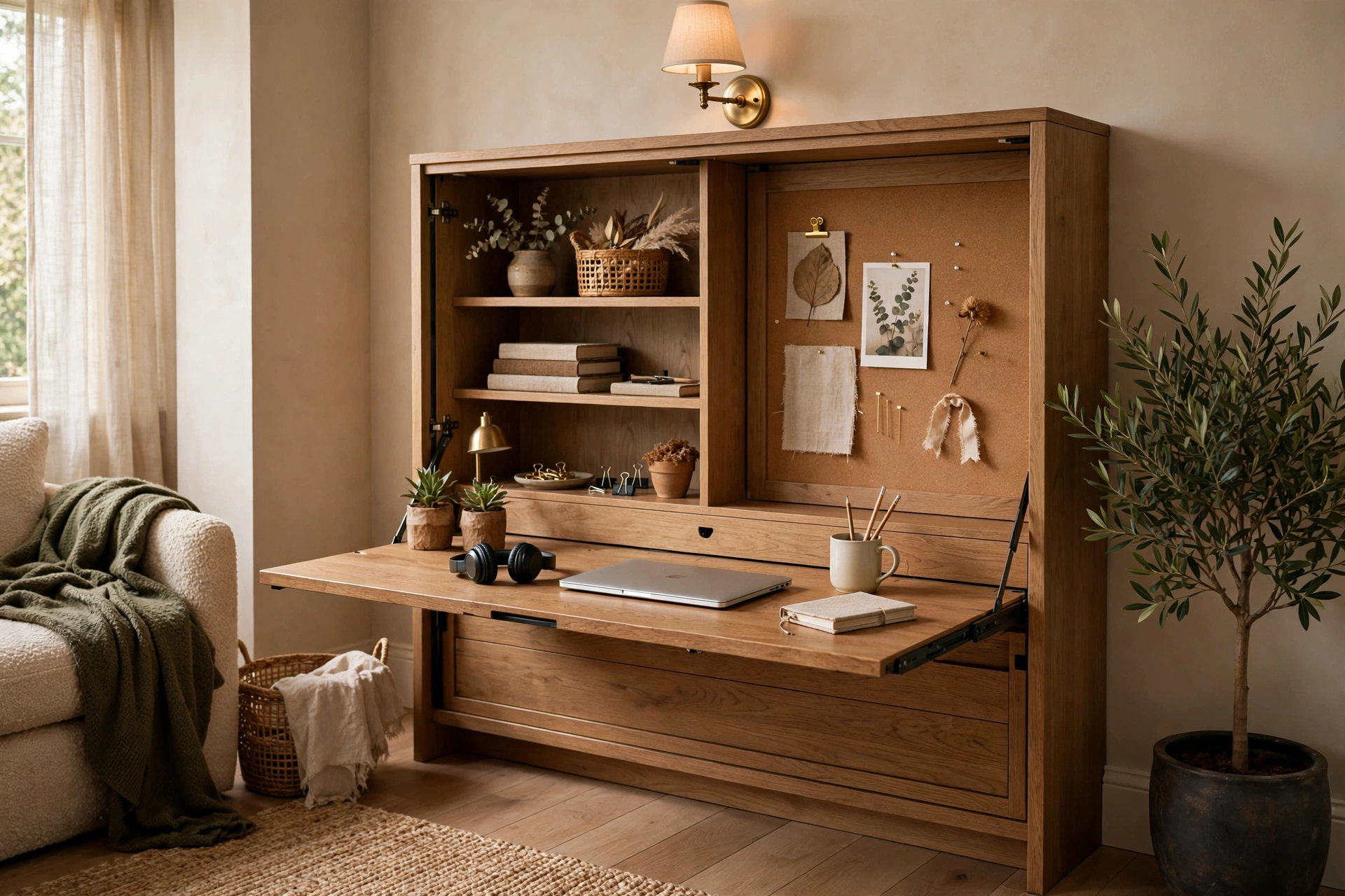 Fold-down Murphy wall desk open as a work surface with shelves and pinboard inside