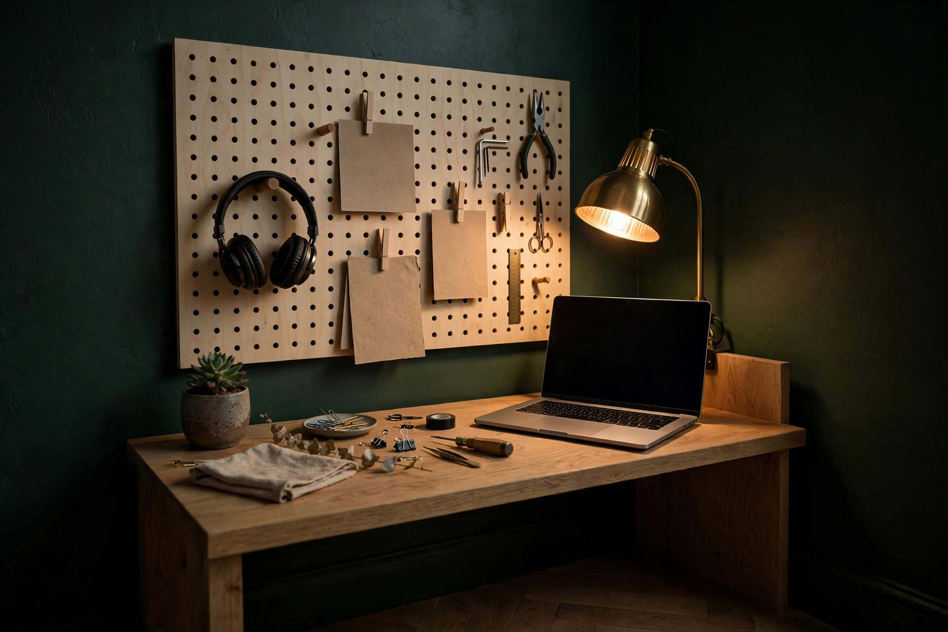Dark green corner nook with wooden pegboard above a simple desk, brass task lamp glowing