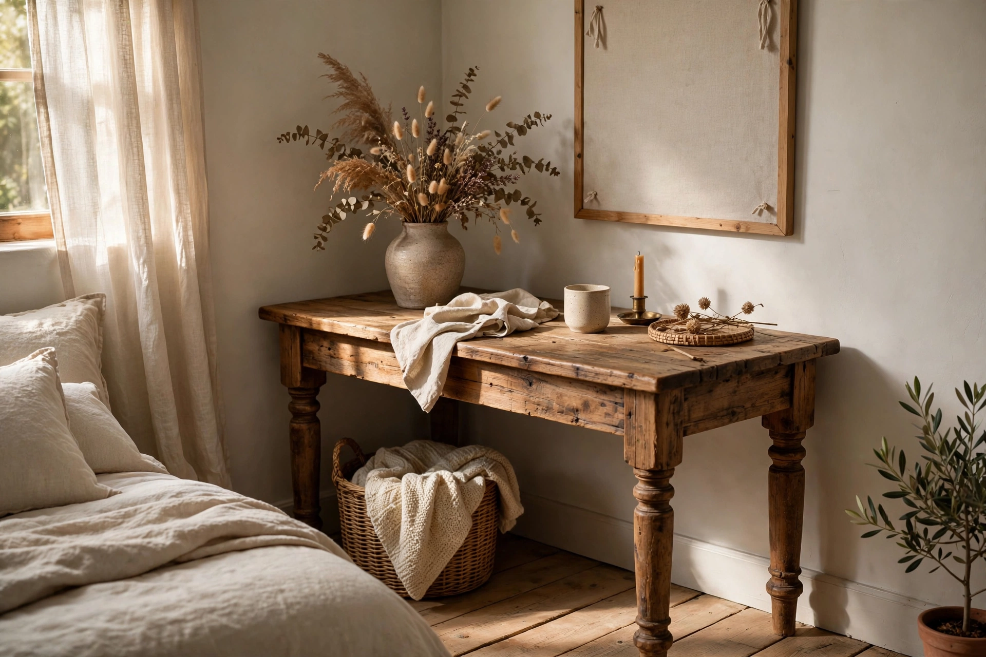Chunky rustic farmhouse corner desk in warm reclaimed wood with ceramic vase and linen pinboard